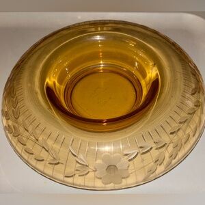Vintage Amber Depression Glass Console Bowl Etched Flowers Leaves